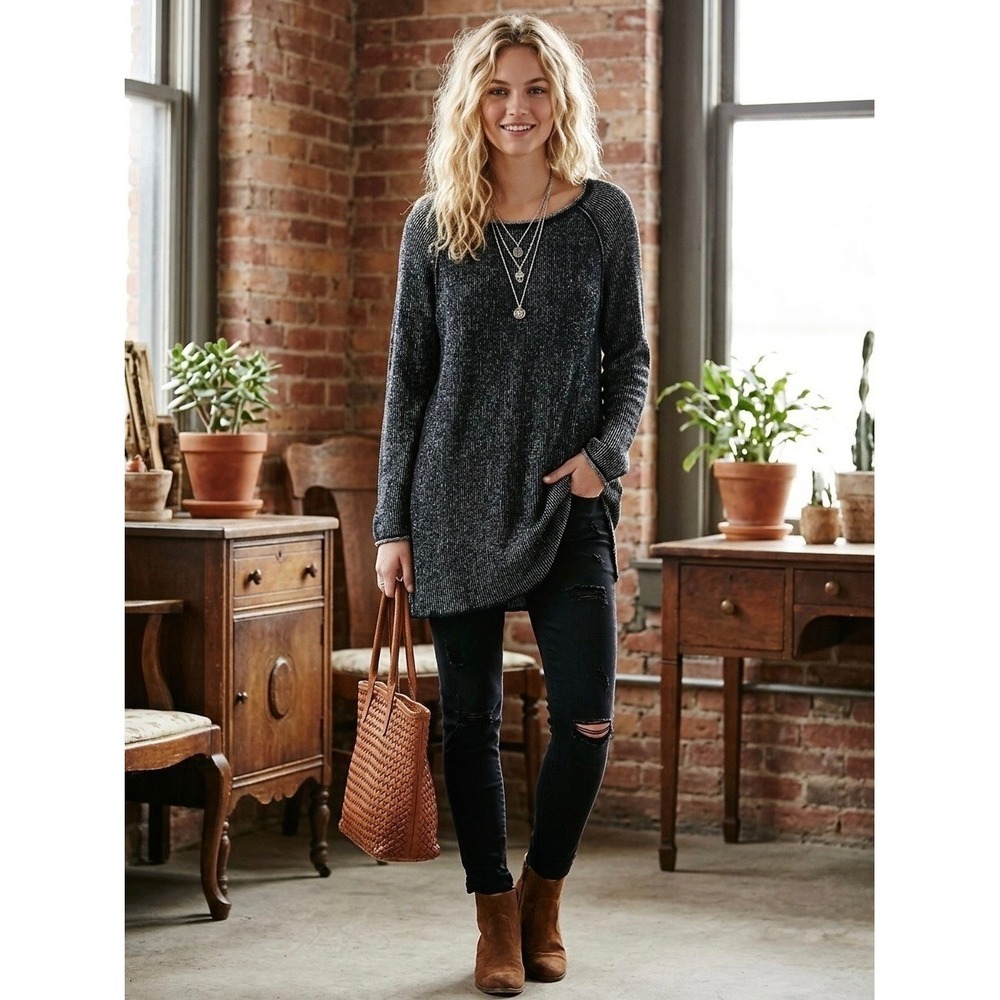 Free People Marled Tunic Sweater Black White Scoop Neck Raglan OB1354257 Small